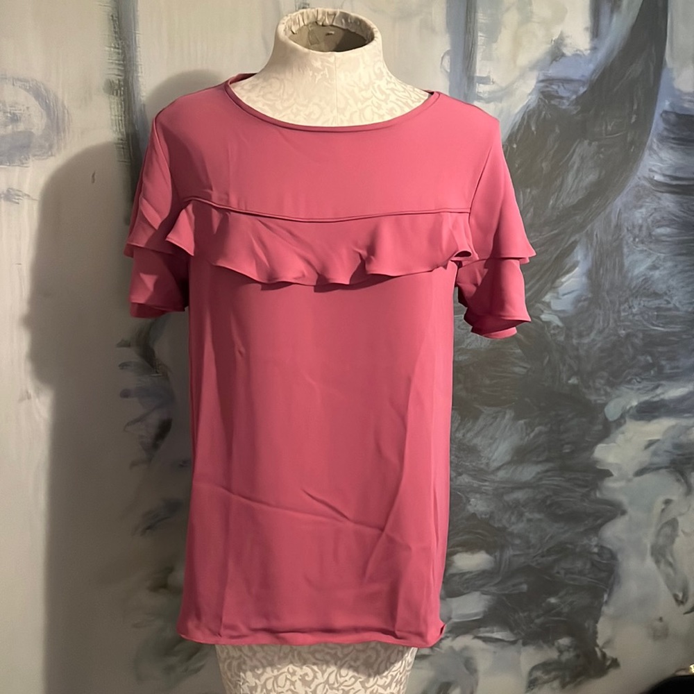 Loft Knit Woven Ruffle Sleeve Top Mauve Size Medium